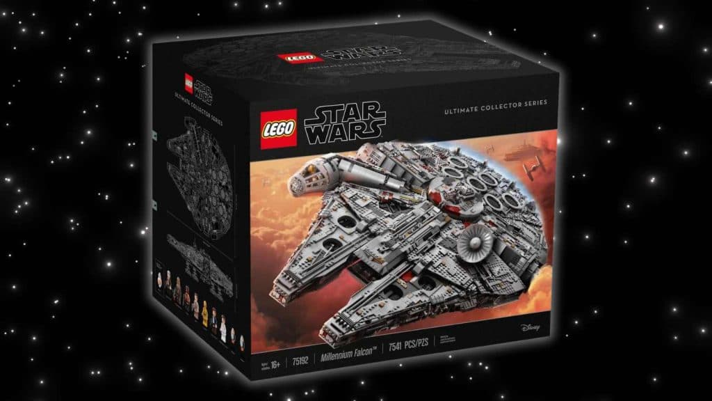The LEGO Star Wars Millennium Falcon on a galaxy background