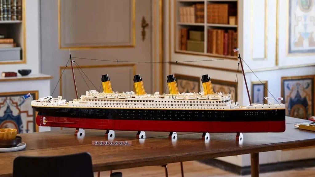 The LEGO Icons Titanic, which comprises the second-most bricks of any LEGO set, on display