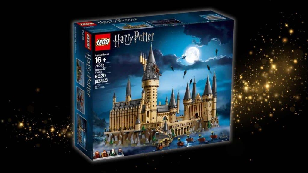 The LEGO Harry Potter Hogwarts Castle set on a black background with magic graphic
