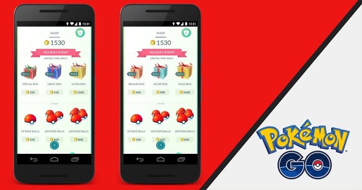 A screenshot showing the Pokemon Go Shop items and boxes