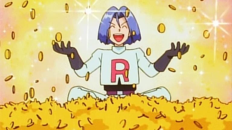 Jesse from Team Rocket in the Pokemon anime with a pile of coins