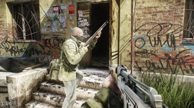 An image of Escape from Tarkov characters searching a building.
