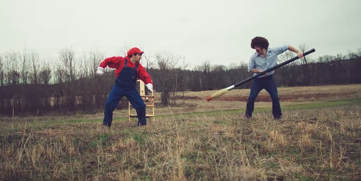 Mario fights a paintbrush-wielding Bob Ross in a Smash Bros parody video by Nukazooka.