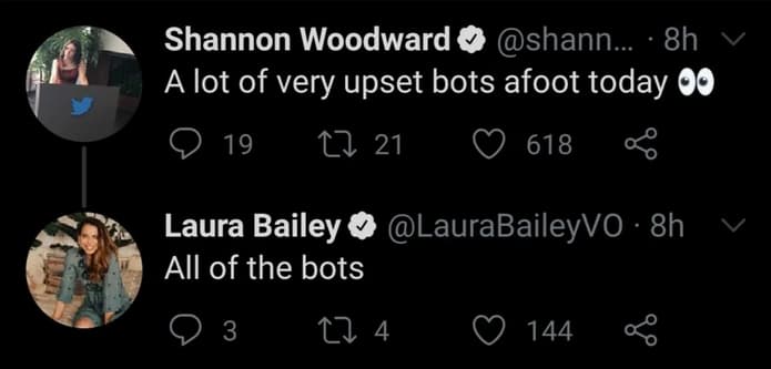 Voice actors Shannon Woodward and Laura Bailey blame bots.