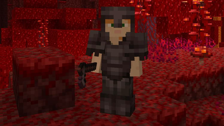 Minecraft character wearing Netherite armor.