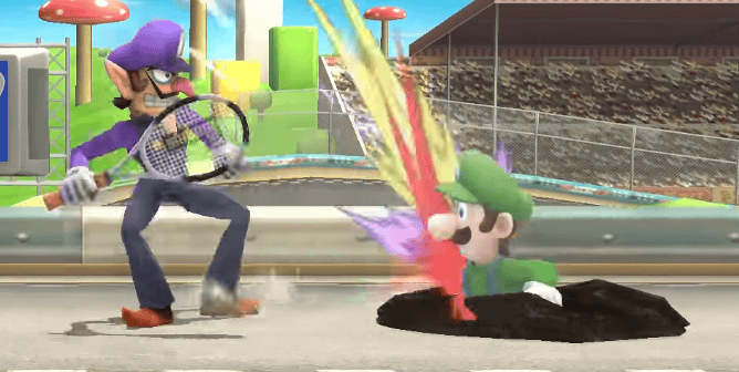 Waluigi hits Luigi in Smash Ultimate