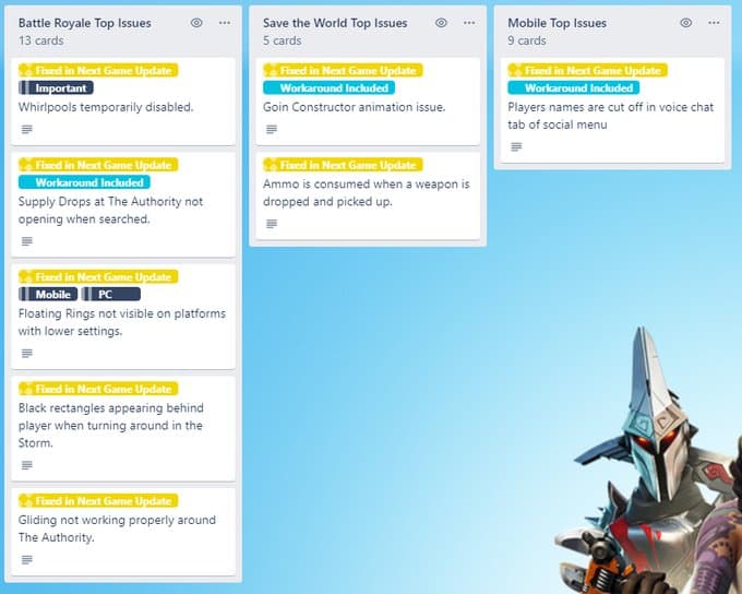 Screenshot from the Epic Games Trello