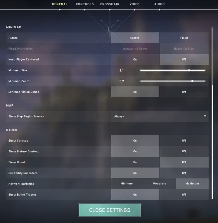 Valorant general settings menu