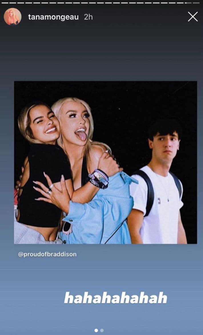 A meme showing Addison Rae and Tana Mongeau hugging while Bryce Hall looks on wistfully.