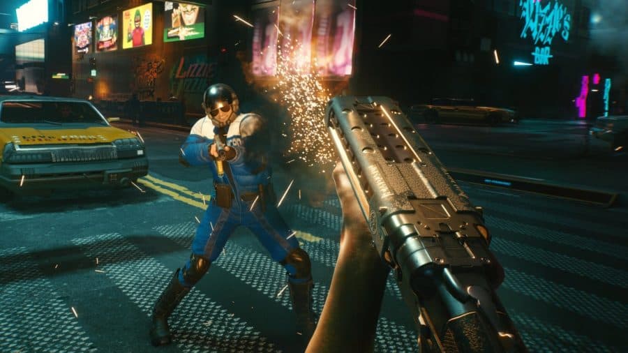 Cyberpunk 2077 shotgun being fired in-game 