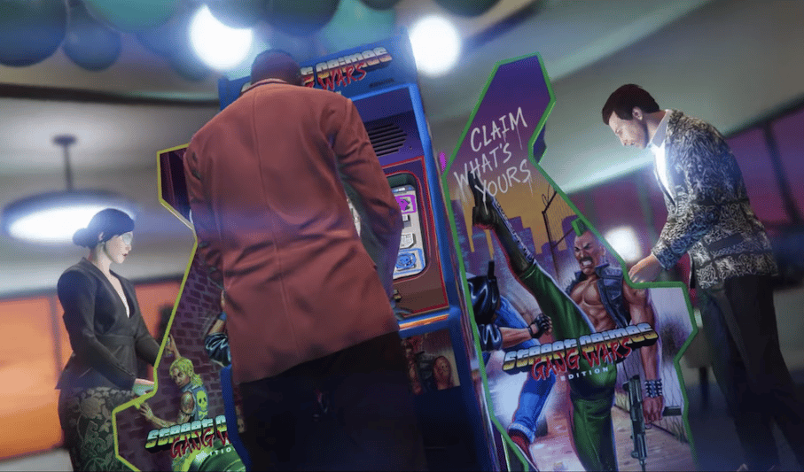 An image of Grand Theft Auto characters playing arcade games.