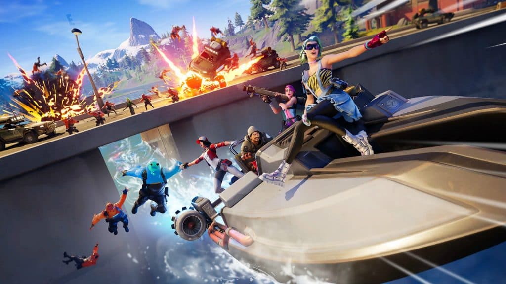 Fortnite characters driving a speed boat.