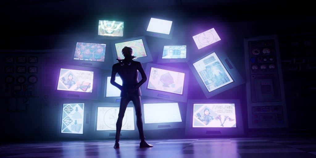 Fortnite loading screen showing a character watching a wall of screens.