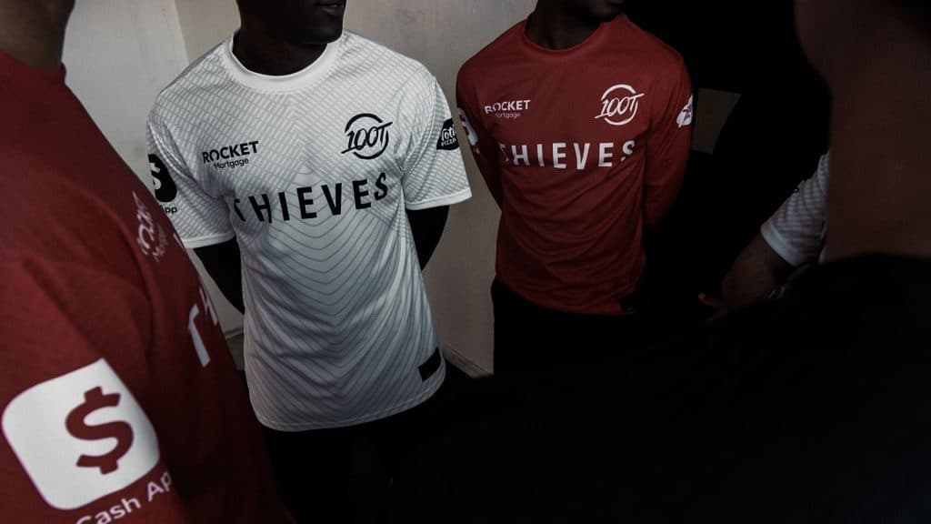 100 Thieves 2020 jerseys in red and white.