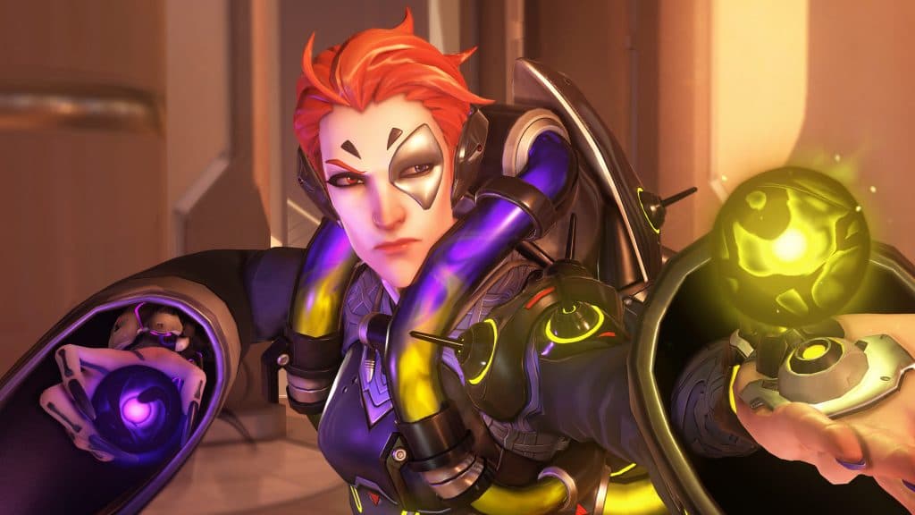 Overwatch hero Moira preparing for a team fight on Oasis.