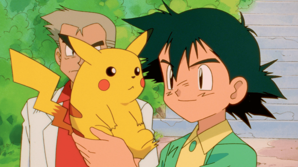 Ash looking at Pikachu.
