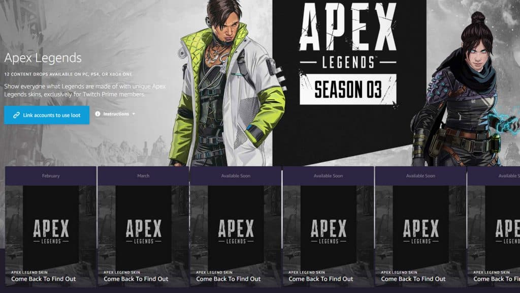 Apex Legends Twitch Prime Loot page.