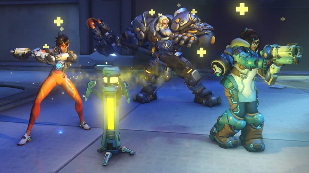 Overwatch 2 Tracer, Reinhardt and Mei next to a healing beacon