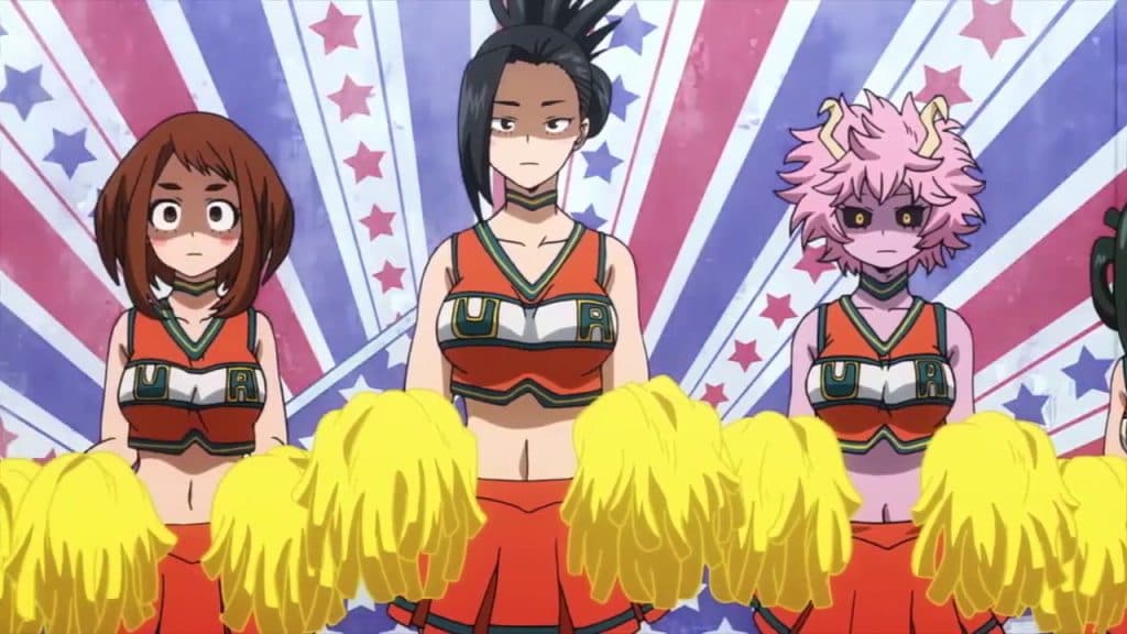 The girls of Class 1-A sporting cheerleading outfits at the U.A. Sports Festival.
