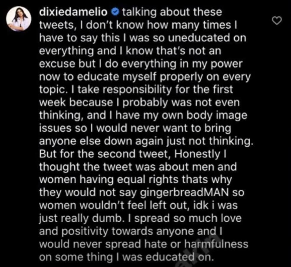 Dixie D'Amelio apologizes for liking older Tweets.