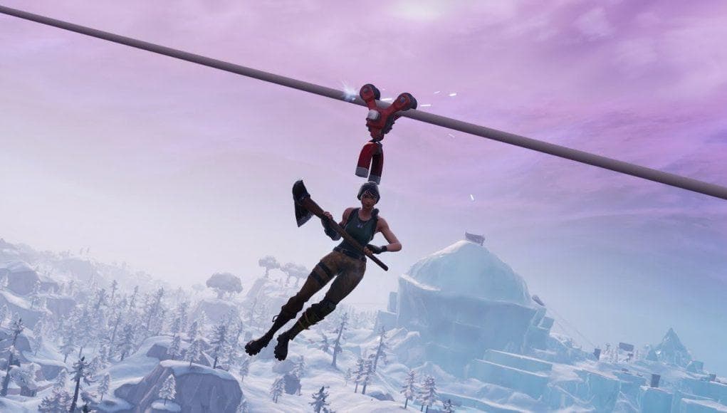 An image of a Fortnite character using a zip line.