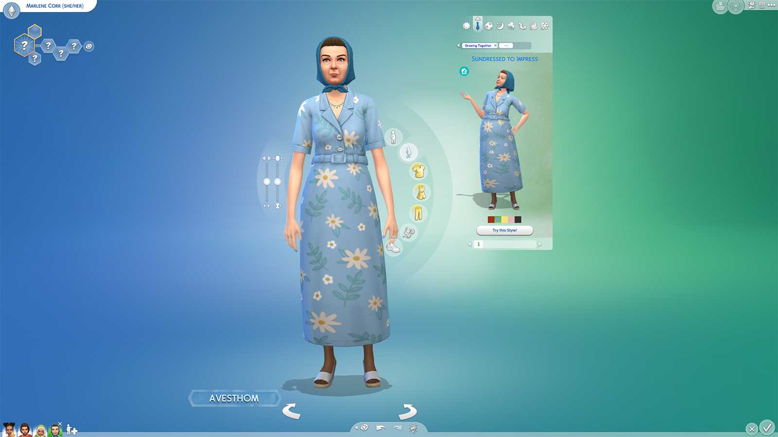 CAS screenshot with an Elder Sim wearing a premade outfit