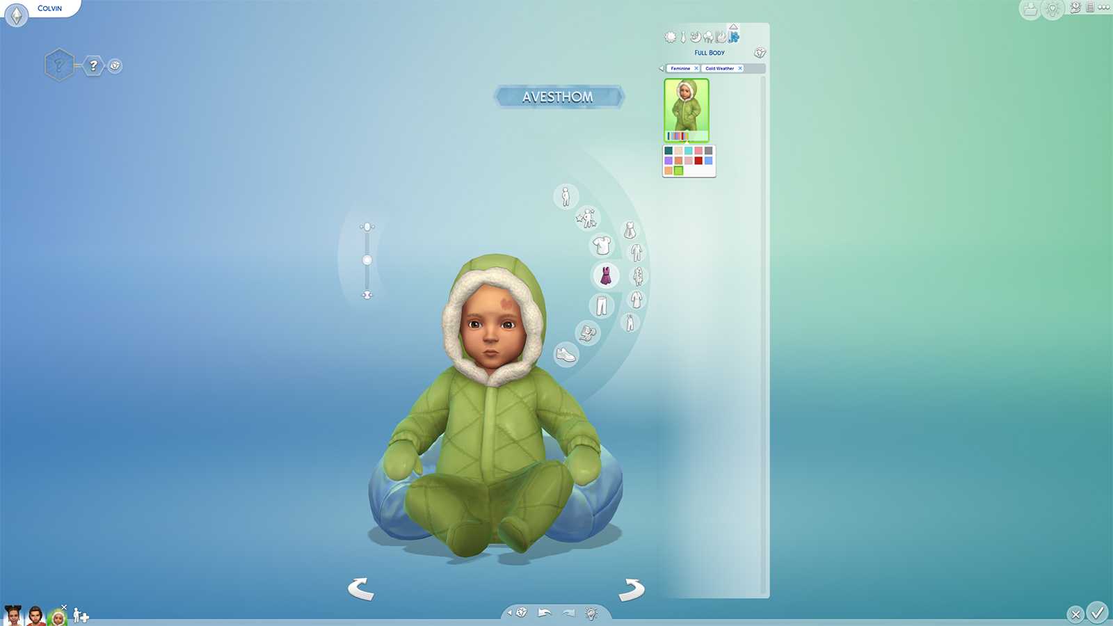 An infant sim in CAS in Growing Together