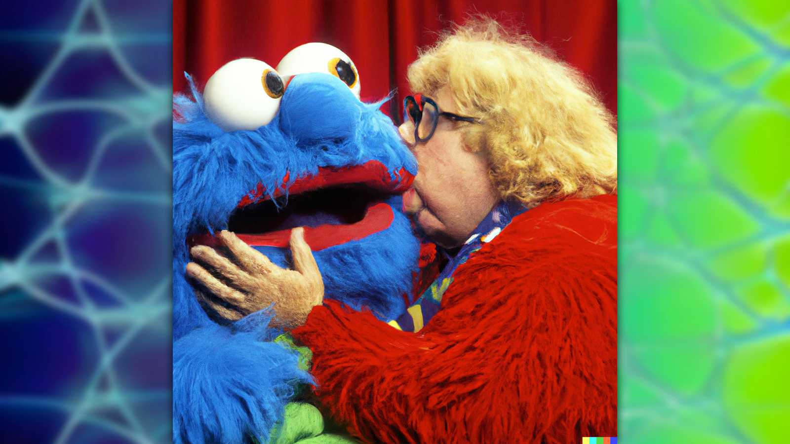 Bruce Vilanch kissing a Muppet by DALLE