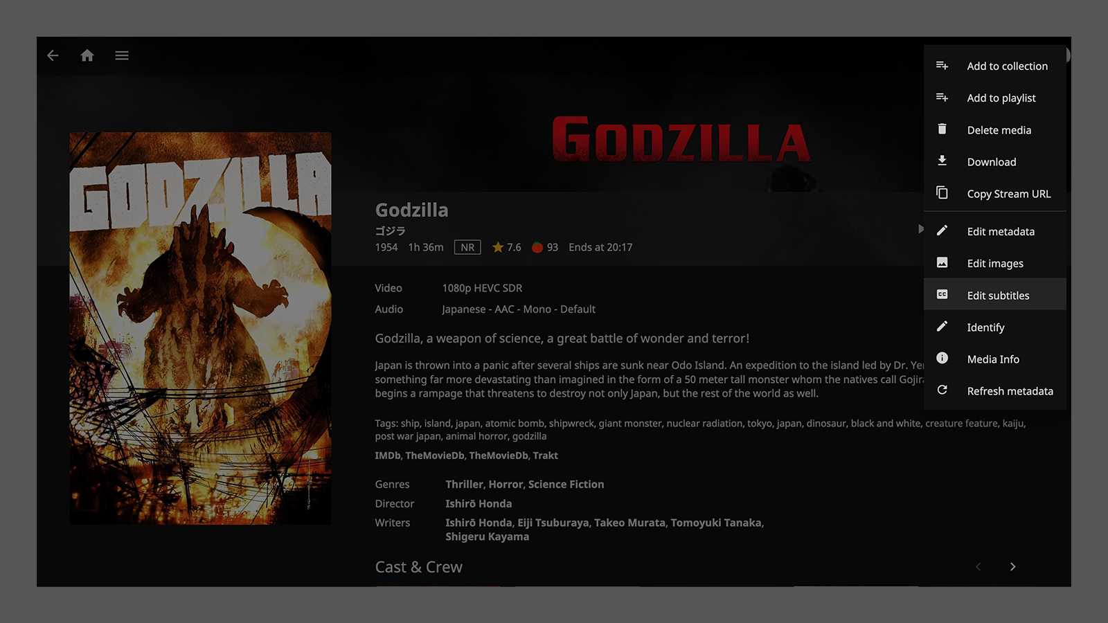 Godzilla movie page on Jellyfin with menu open