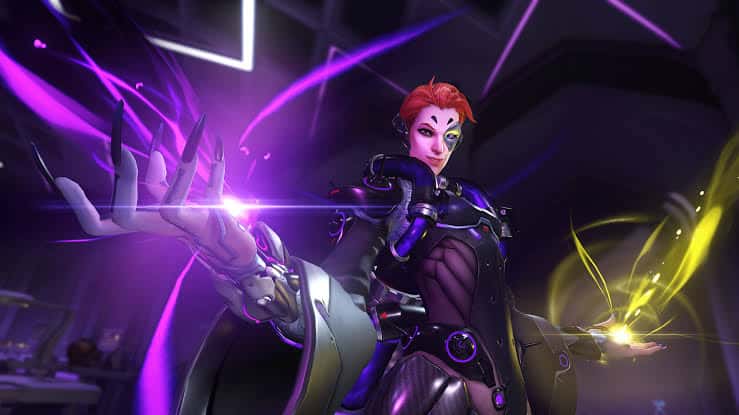 Overwatch support hero Moira demonstrating her mix of healing and damaging abilities.