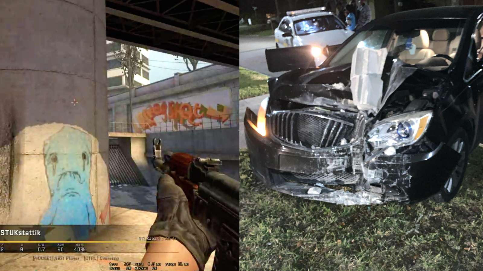 CSGO next to crashed car with police in background
