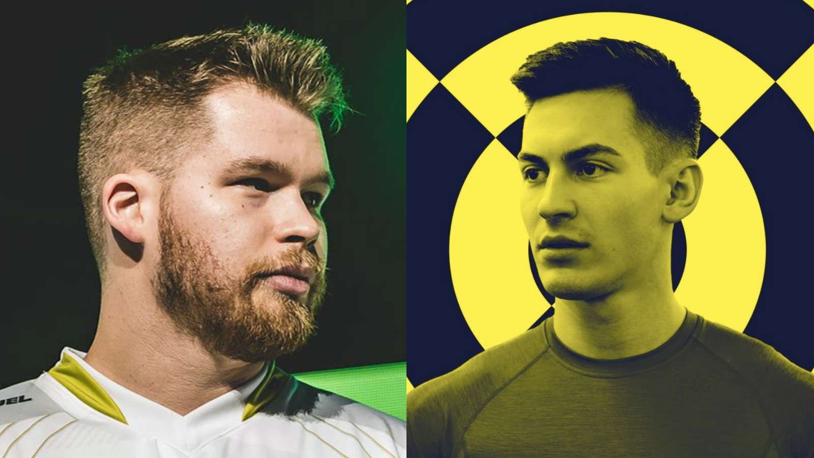 Call of Duty pro players Censor and Crimsix look at each other with green and yellow backgrounds