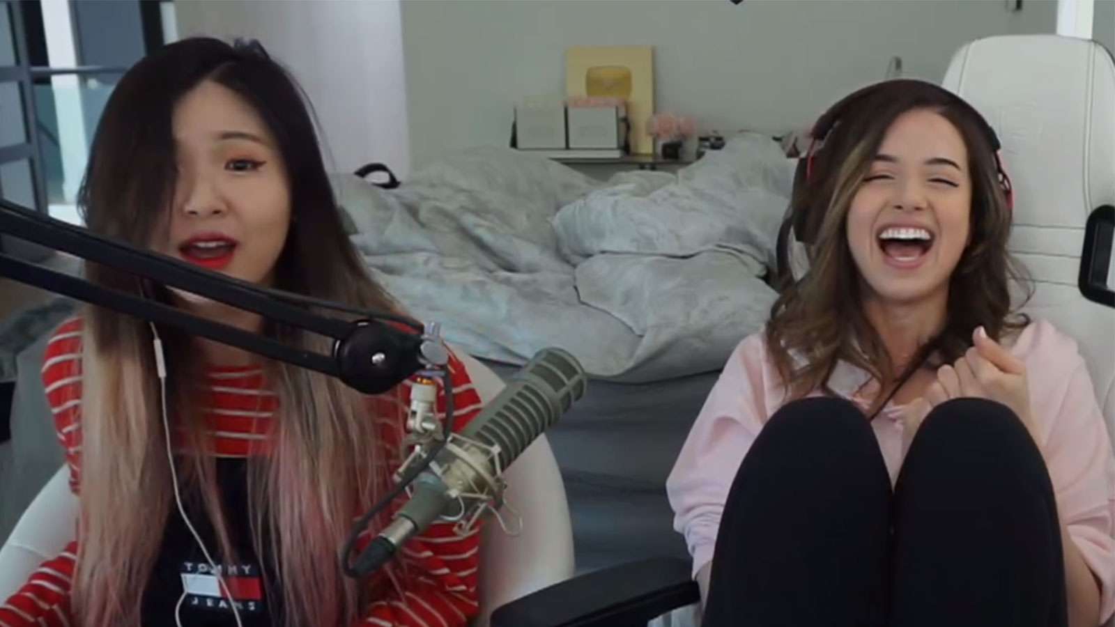 Hachubby looks shocked while Pokimane laughs
