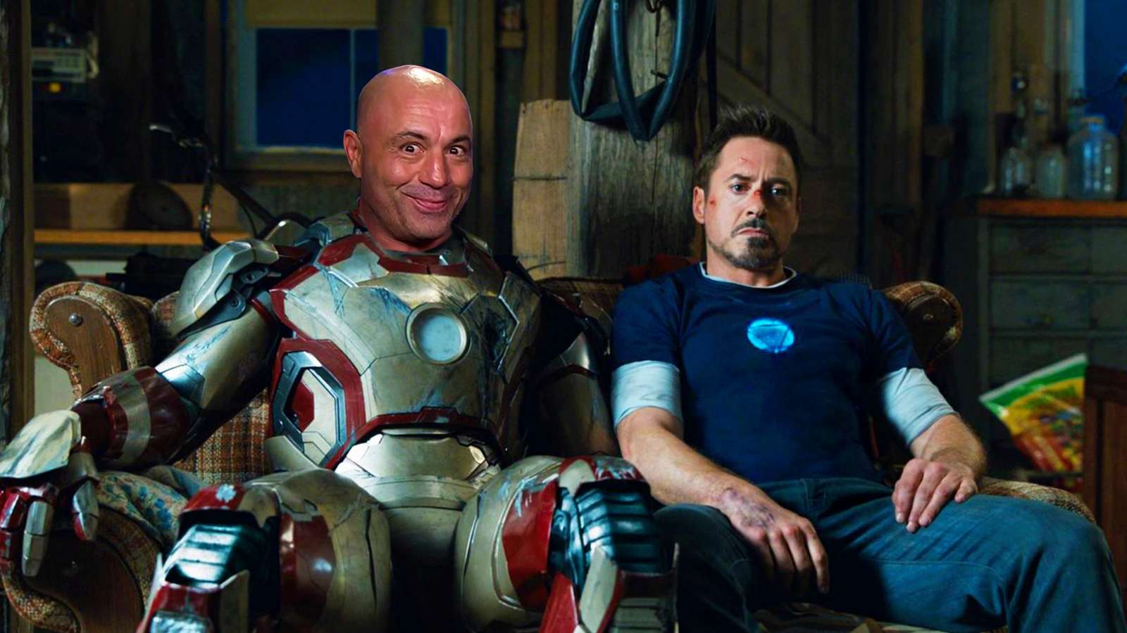 Joe Rogan as Ironman and Robert Downey Jr on a couch