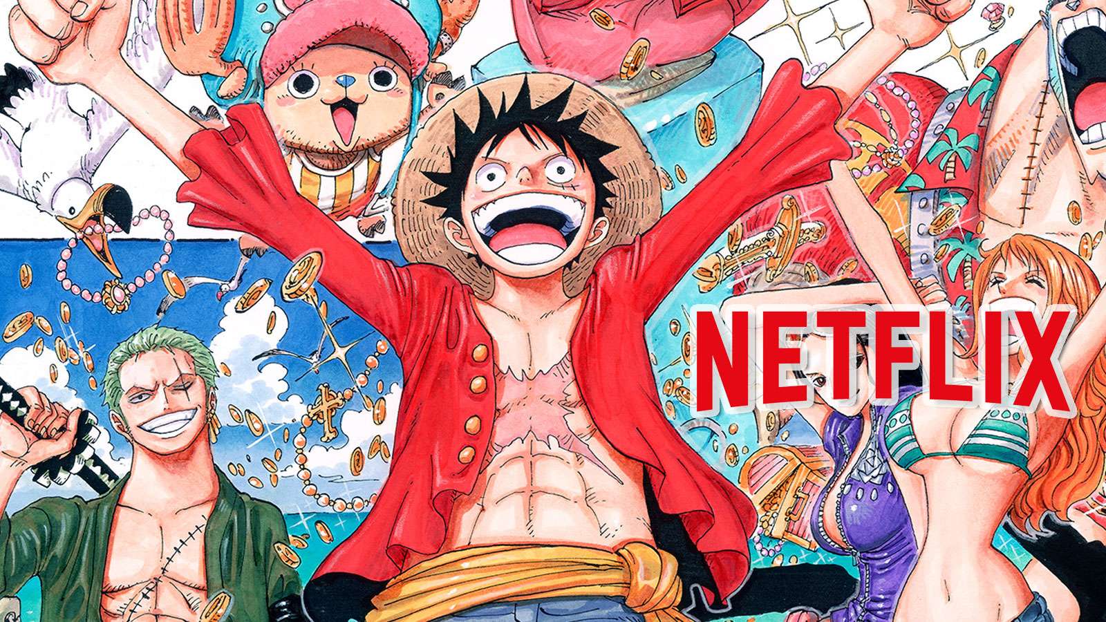 the cast of one piece with a netflix logo