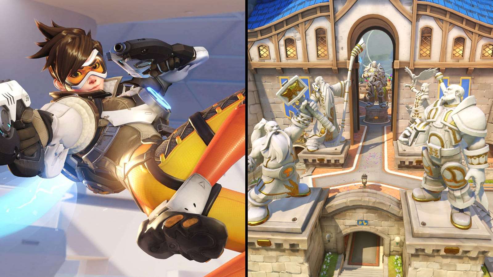 Tracer next to Blizzard World Overwatch map