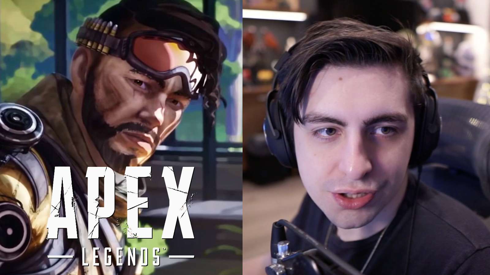 Apex Legends Mirage on left with Apex Legends logo shroud on right talking to viewers