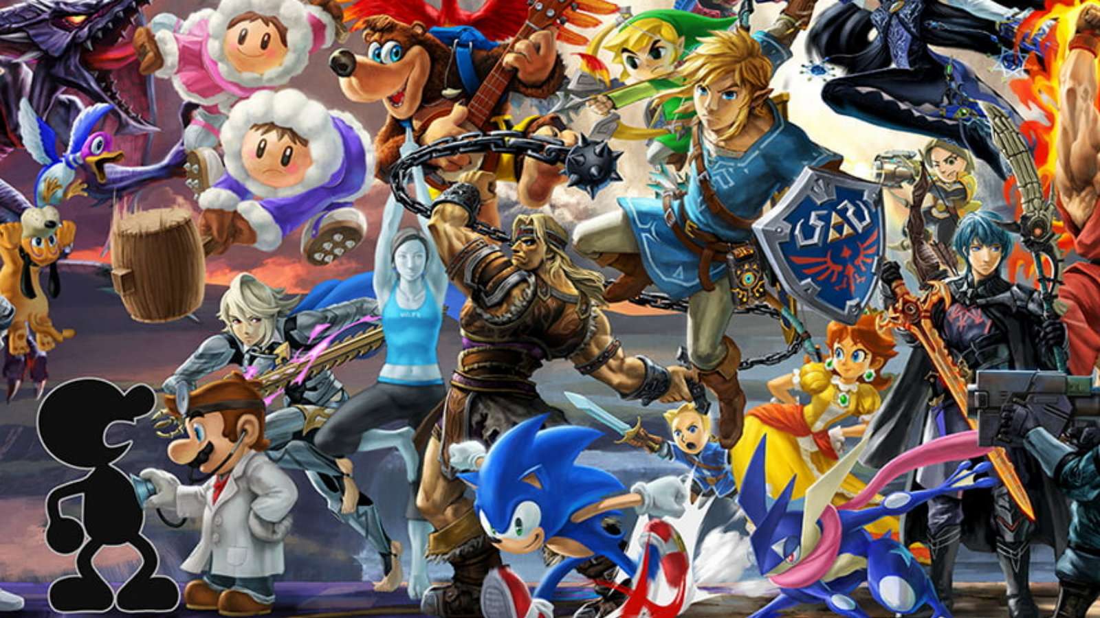 A portion of the famous Smash Ultimate murel featuring Link, Dr Mario, Sonic and Pokemon