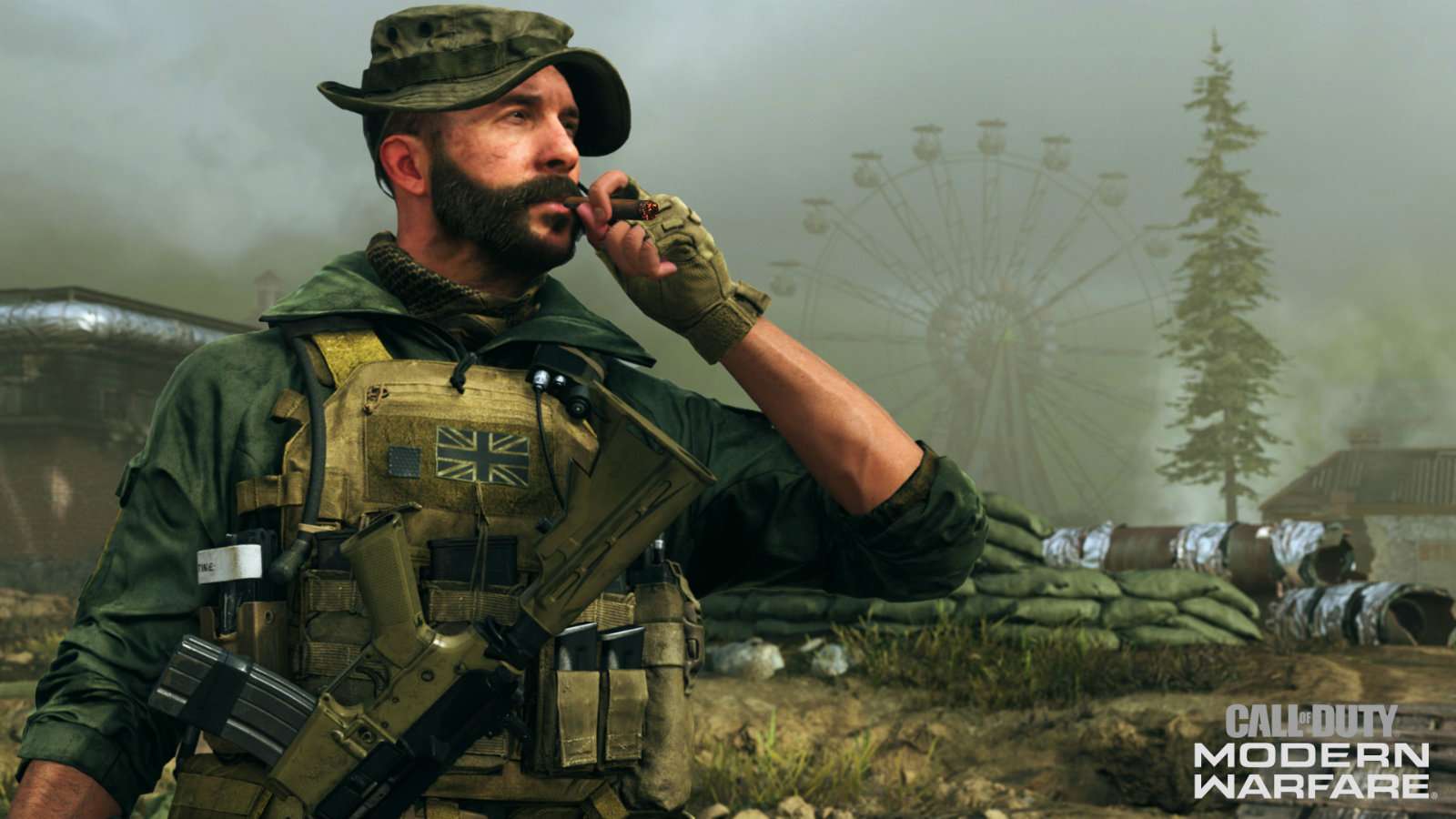 Captain Price smokes a cigar while overlooking battlefield in Call of Duty: Modern Warfare