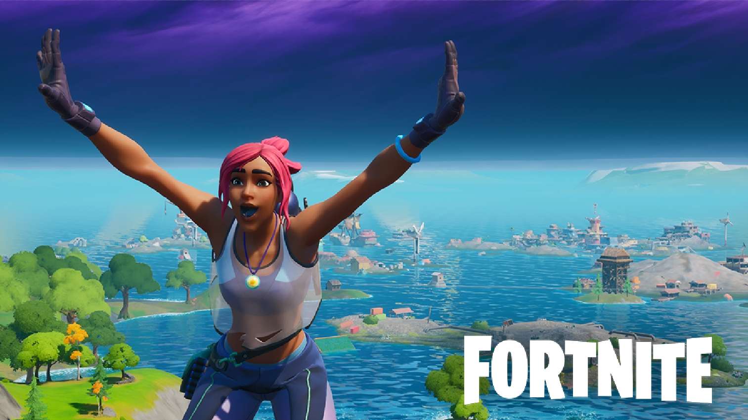Fortnite character in front of Season 3 map