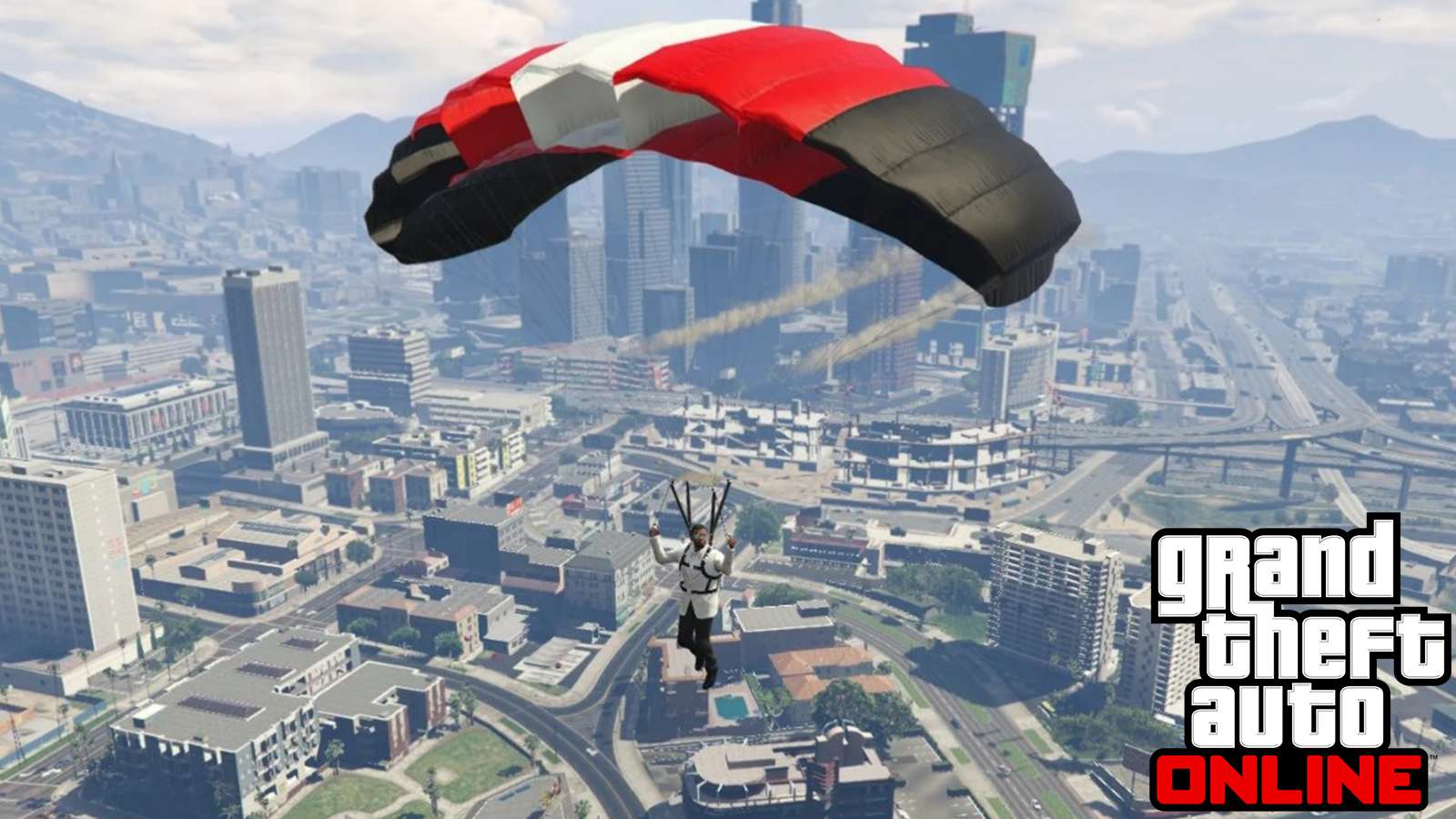 GTA Online player parachuting over Los Santos