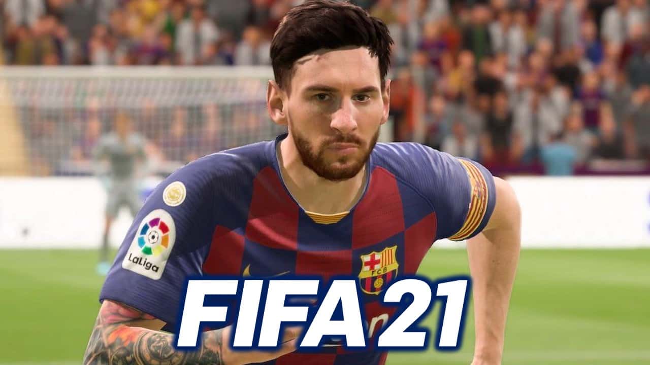 Lionel Messi in FIFA 20 with FIFA 21 logo