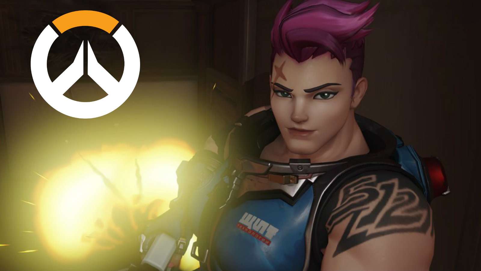 Zarya from Overwatch grins as an explosion happens behind her
