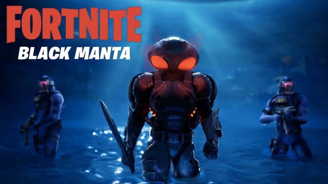 Black Manta skin rising from the sea in Fortnite