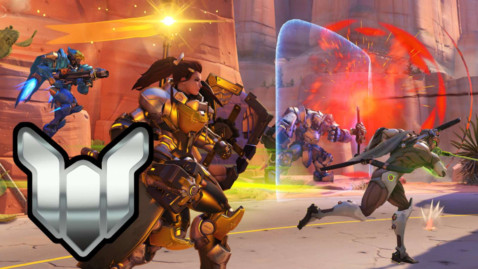 Overwatch's Brigitte running towards enemy on Route 66 with Pharah and Genji
