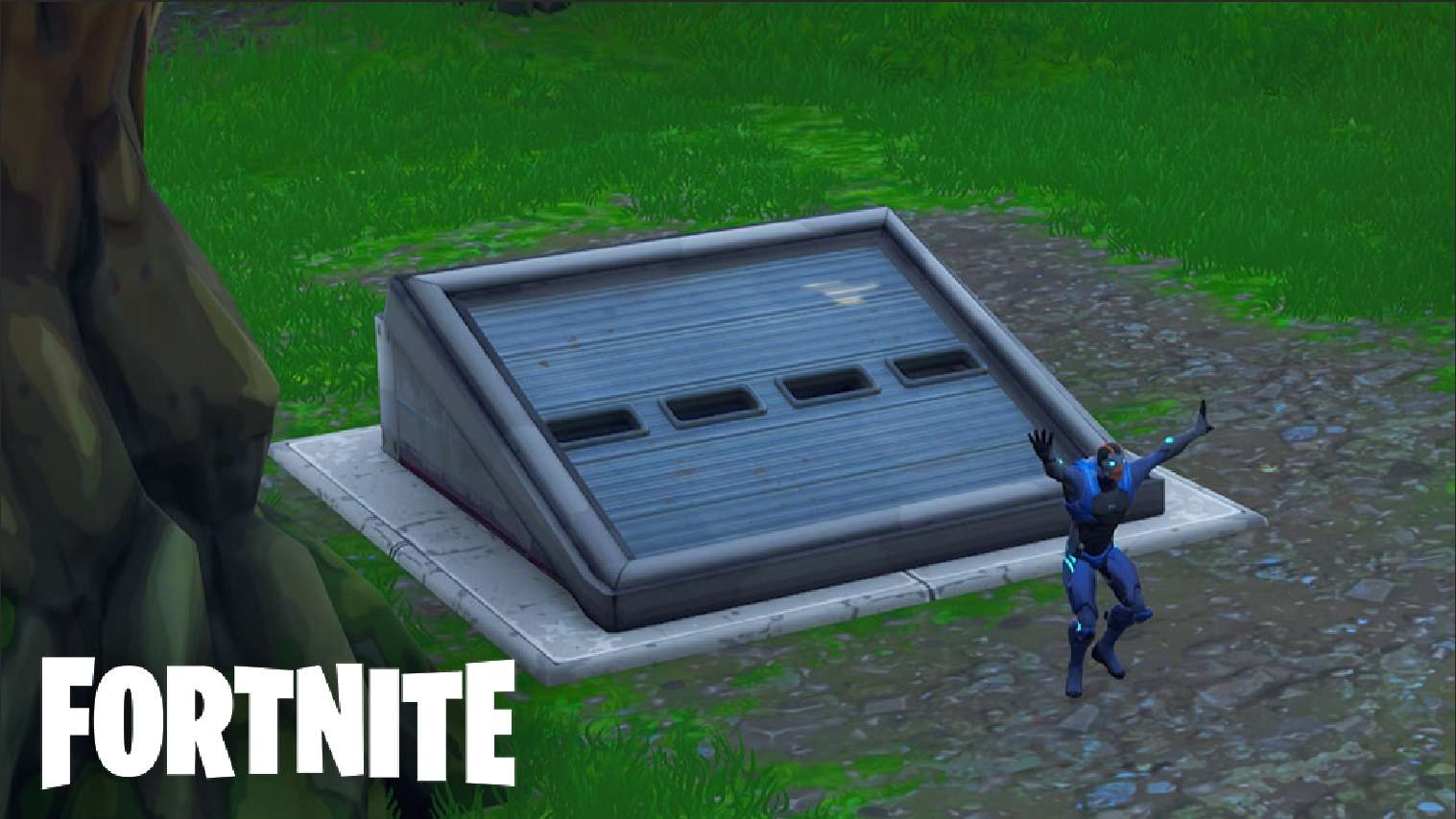 Fortnite character dancing in front of wailing woods bunker