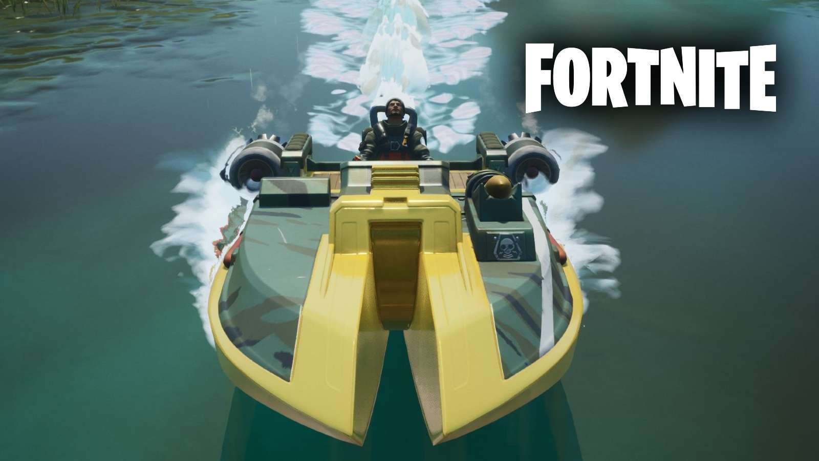 Fortnite logo with gold motorboat