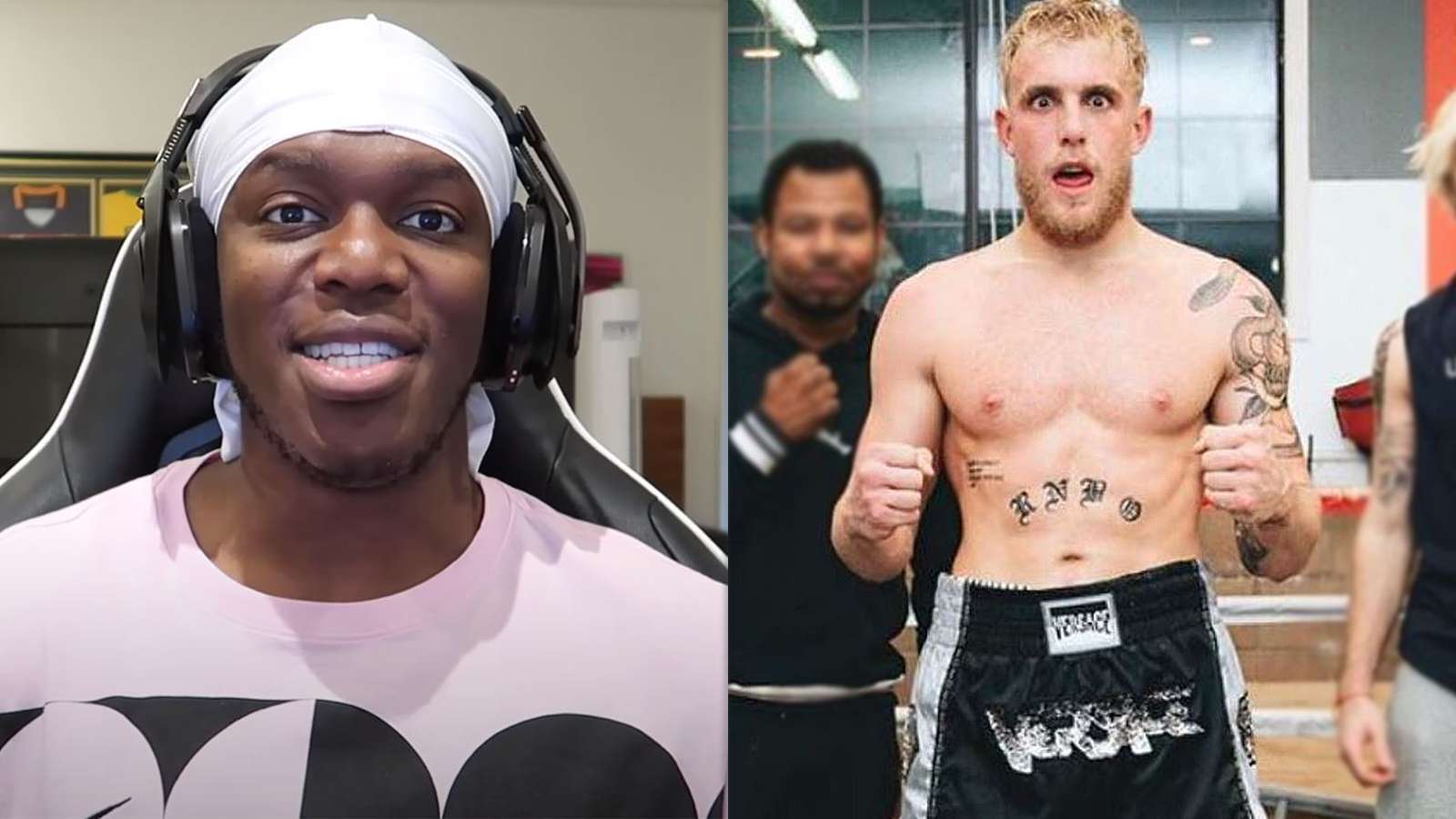 KSI talks to the camera while Jake Paul poses with his boxing crew.