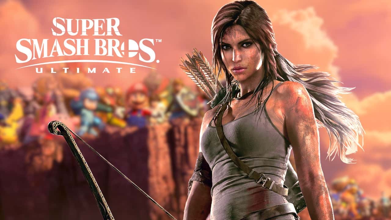 Lara Croft from Tomb Raider in front of Smash Bros characters
