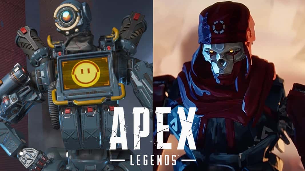 Pathfinder and Revenant with Apex Legends logo